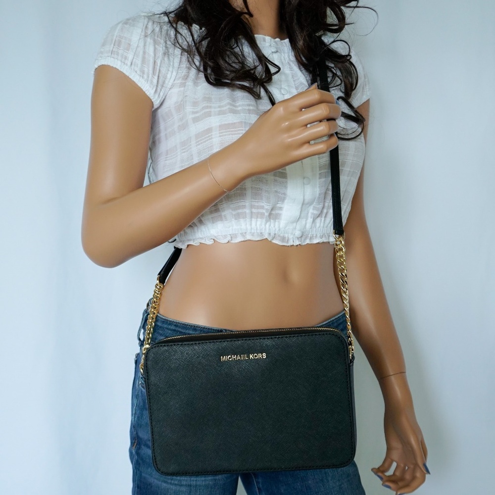 Michael Kors Jet Set LG Leather Bg Crossbody Black